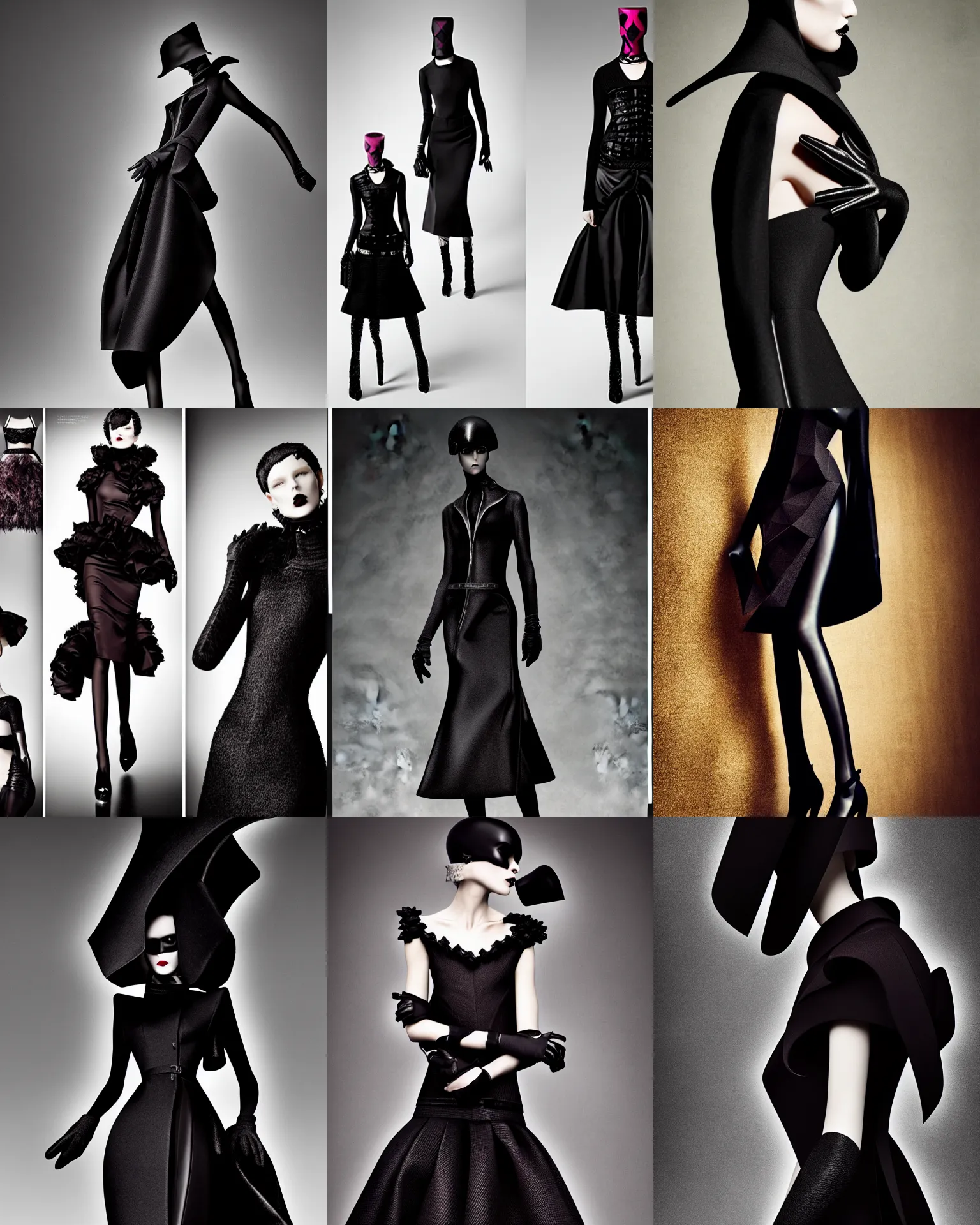 Prompt: designer figure collection intriguing shaped gothic by prada, haute couture, award fashion, dark tones, expert composition, professional retouch, editorial photography