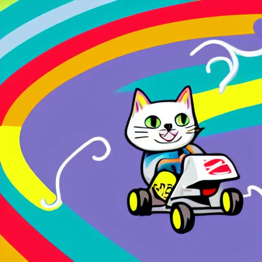 Image similar to digital illustration of a cat with wind blowing through his jacket, driving a kart through rainbow road, 4K