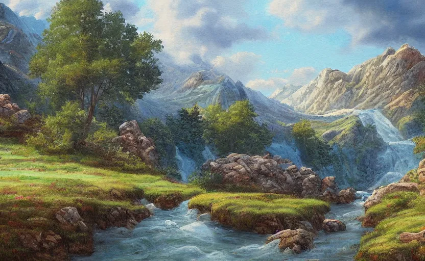 Image similar to highly detailed landscape painting by tomás sanchez, 4k