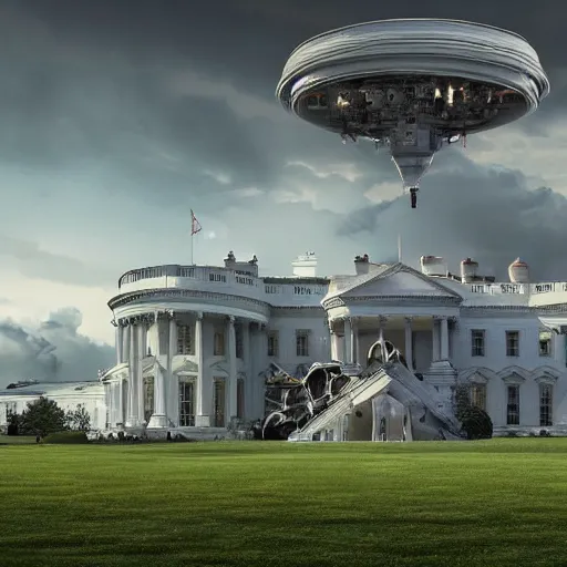 Image similar to live on cnn ufo lands on whitehouse lawn, hyper detailed, dramatic lighting, cgsociety, realistic, hyper detailed, insane details, intricate, dramatic lighting, hypermaximalist, golden ratio, rule of thirds, octane render, weta digital, micro details, ultra wide angle, artstation trending, 8 k,