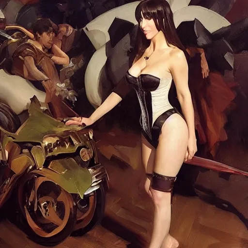 Image similar to jennifer love hewitt in a leather corset and skirt, renaissance fair, trending on instagram, greg manchess painting by sargent and leyendecker, studio ghibli, fantasy, medium shot, asymmetrical, intricate, elegant, matte painting, illustration, hearthstone, by greg rutkowski, by greg tocchini, by james gilleard, by joe fenton, 8 k