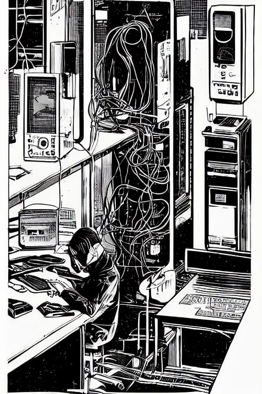 Prompt: a comic illustration of a person connected to a computer console by wires, the console is tall and imposing, there are many cables on the floor, futuristic, golden age of sci-fi, steampunk, neon colors, clean linework, art by Moebius