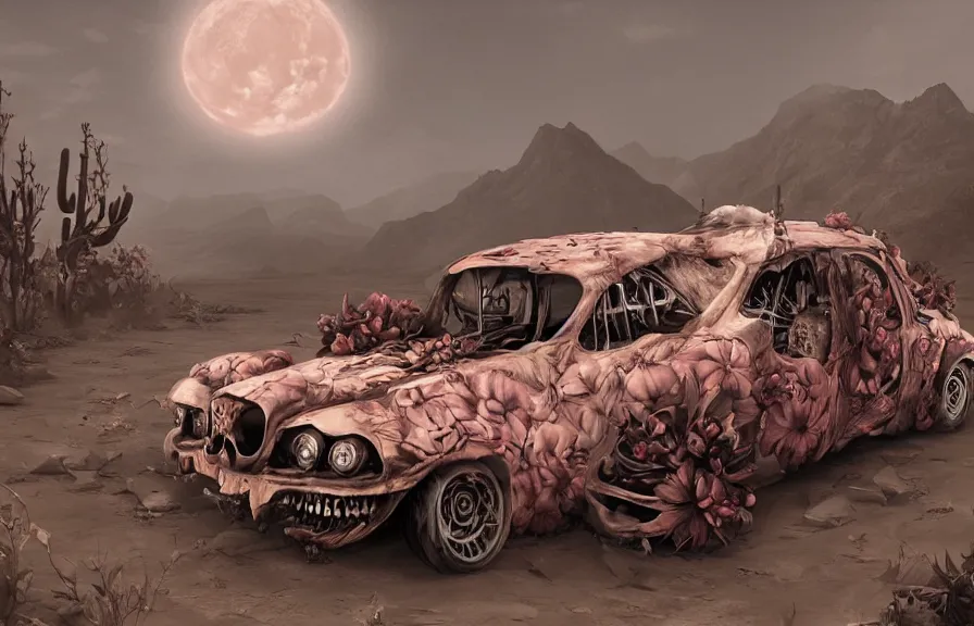 Image similar to a scary flowery skeleton car in a desert, artstation, digital art,