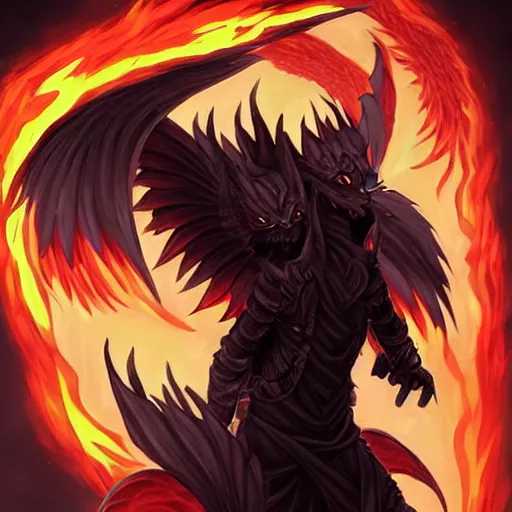 Image similar to full body anime style human in dragon form, bald, beard made of fire. fantasy style. very punk / alt aesthetic. wings and tail, a highly detailed, digital painting, artstation, concept art, matte, sharp focus, illustration, art by artgerm and greg rutkowski