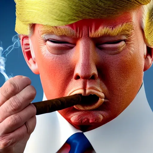 Image similar to a high quality photo of donald trump smoking a cigar, anatomically accurate eyes, 3d scene, render, ultra realistic, artstation, cgsociety