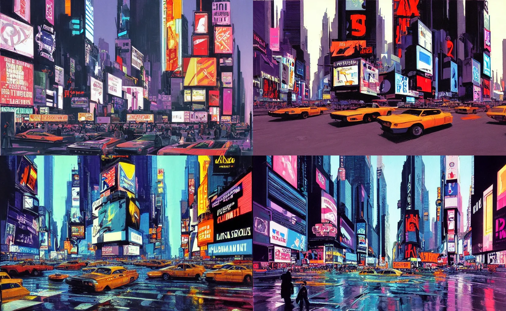 Prompt: cyberpunk Times Square, painting by Syd Mead and Edward Hopper