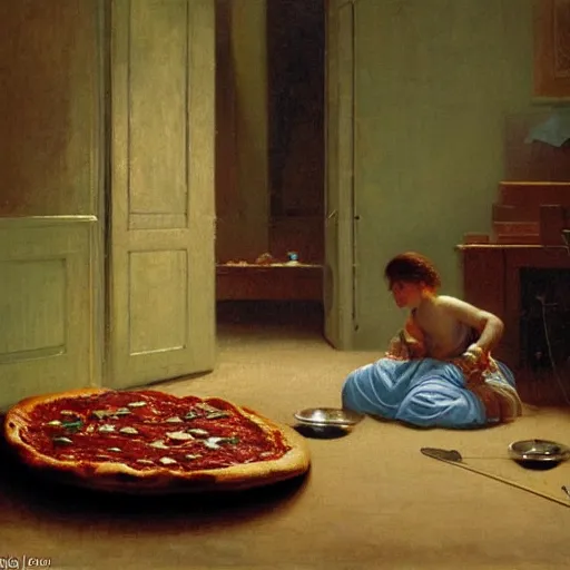 Prompt: pizza coming out of oven to shame mankind, 1 8 9 6 painting by jean - leon gerome, oil on canvas