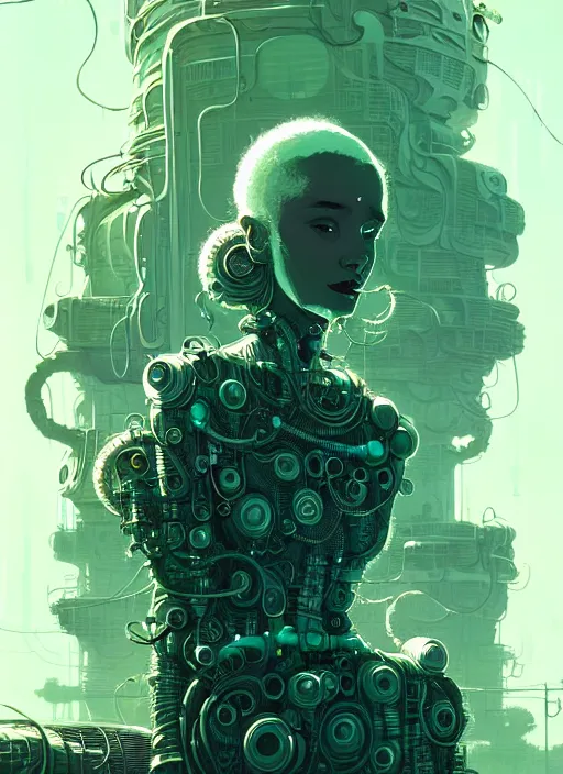 Image similar to highly detailed portrait of a biopunk long curly white hair tribal lady, stray wiring by atey ghailan, james gilleard, by joe fenton, by greg rutkowski, by greg tocchini, by kaethe butcher, 4 k resolution, gradient green, black and white color scheme!!! ( ( green slime robotic dystopian city background ) )