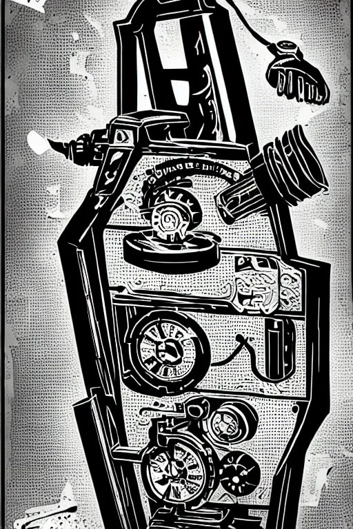Image similar to pointless machine, monochromatic, 4 k, acrylic paint style, pencil style, torn magazine style, pop art style, bioshock style, by mike swiderek, jorge lacera, ben lo, tyler west, ultrarealistic, sharp focus, intricate