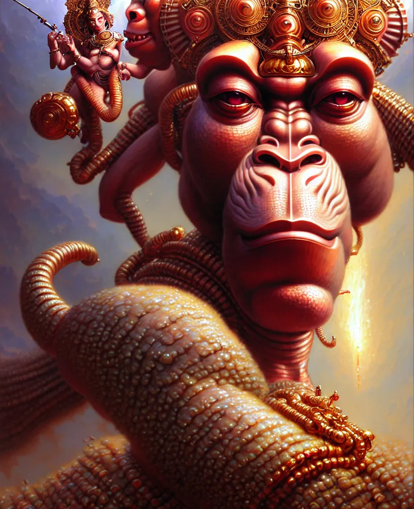 Image similar to beautiful hanuman fantasy character portrait, close - up, headshot, ultra realistic, wide angle, intricate details, the fifth element artifacts, highly detailed by peter mohrbacher, hajime sorayama, wayne barlowe, boris vallejo, aaron horkey, gaston bussiere, craig mullins