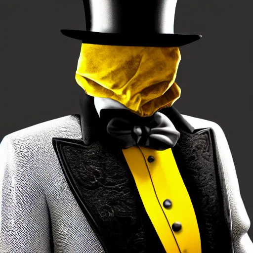 Image similar to a highly detailed portrait of a man in a high top hat covering his face, in a black tailcoat with a yellow waistcoat under the tailcoat, artstation, deviantart, professional, unreal engine 5, photorealistic