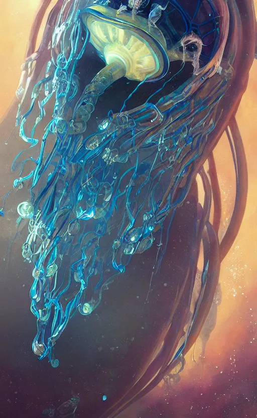 Image similar to Panorama hyper detailed painting of a cyberpunk jellyfish, blue tones, underwater, 8 mm, highly detailed, digital painting, artstation, concept art, smooth, sharp focus, illustration, art by artgerm and greg rutkowski and alphonse mucha