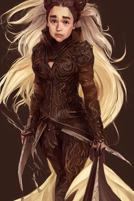 Prompt: Emilia Clarke wearing Yang Xiao Long outfit from Rwby, cute, fantasy, intricate, elegant, highly detailed, digital painting, 4k, HDR, concept art, smooth, sharp focus, illustration, art by artgerm and H R Giger