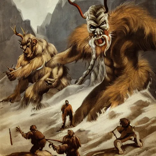 Prompt: krampus hay monsters in the dolomites by theodore gericault, painting, canvas, large scale, detailed, intricate, trending on artstation, trending on tumblr