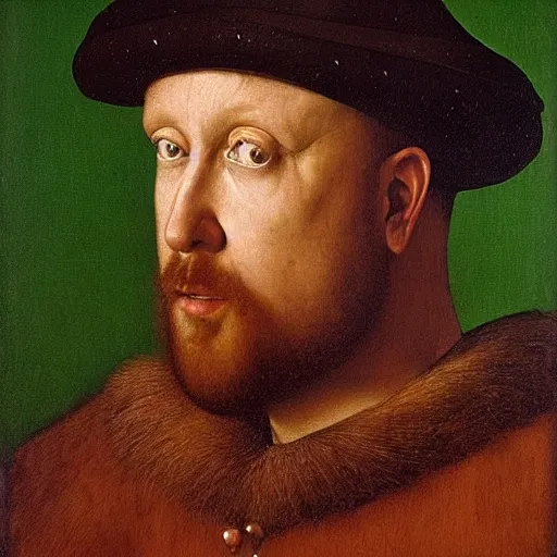 Image similar to portrait of kevin james, oil painting by jan van eyck, northern renaissance art, oil on canvas, wet - on - wet technique, realistic, expressive emotions, intricate textures, illusionistic detail