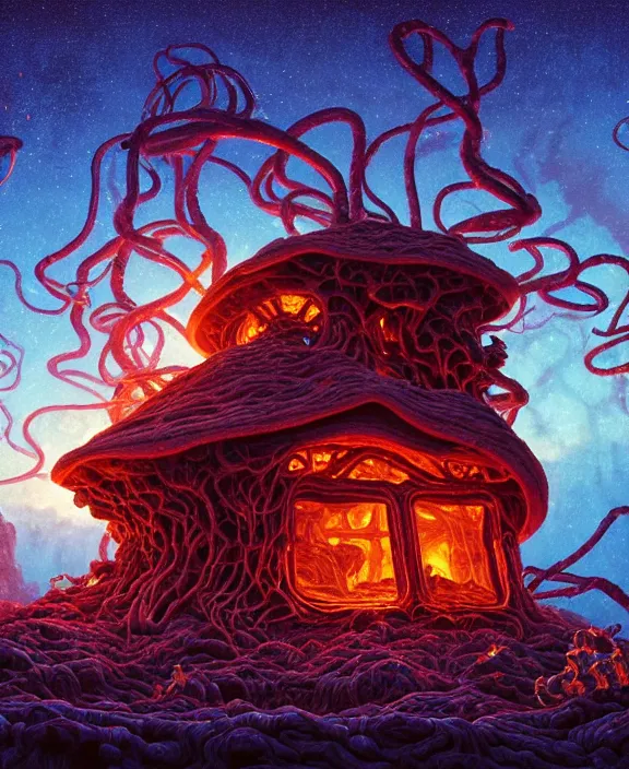 Image similar to a cabin made out of exotic fungus, weird fungus and tendrils, spaceship, sci - fi, robots, somber, partly cloudy, hellscape, hell, fire, brimstone, lava, by dan mumford, yusuke murata, makoto shinkai, ross tran, cinematic, unreal engine, cel shaded, featured on artstation, pixiv