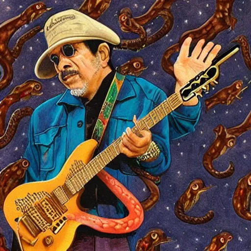 Image similar to portrait of Carlos Santana playing guitar with snakes evolving from his body