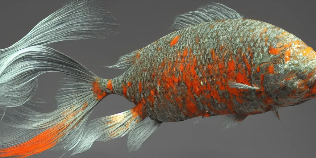 Image similar to goldfish, stylized layered textures, long flowing fins, bioluminescent orbs, 3 d render, substance painter, glowing eye, smooth, sharp focus, art by h r giger