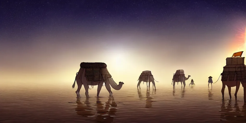 Image similar to a cell - shaded studio ghibli concept art of a hovering ufo shining a spotlight on a camel caravan in a flooded stonehenge desert on a misty starry night. very dull colors, hd, 4 k, hq