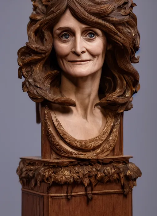 Image similar to high intricate bust of an margot kidder [ 1 9 7 0 ] carved from wood in baroque style, studio light, maria panfilova, andrea savchenko, mike kime, ludovic plouffe, qi sheng luo, oliver cook, trending on artstation