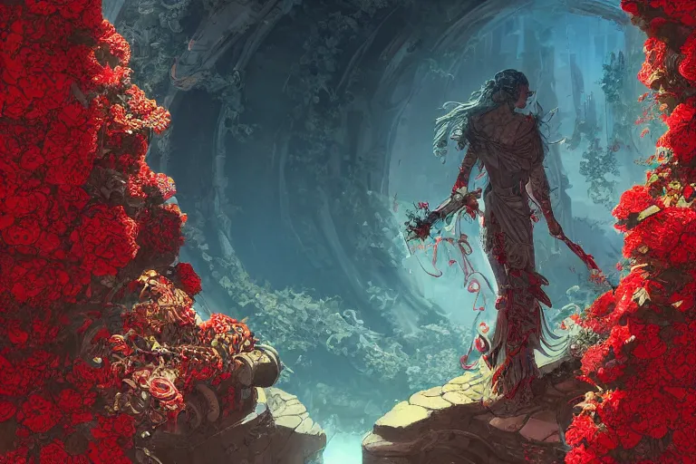 Prompt: broken arches leading to the pillars of eternity draped with red flowers and vines, blue sky, lens flare, a sense of mystery, cinematic, ultra detailed, intricate, sharp focus, trending on artstation, 8K, comic artwork cover by James Jean