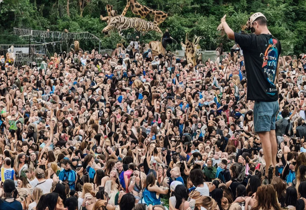 Image similar to a dj performing to a crowd of zoo animals