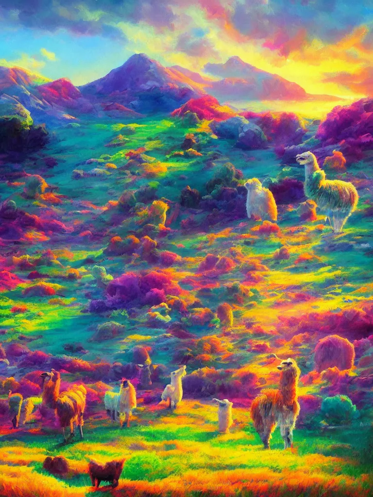 Prompt: bored llama acrylic landscape colorful dreamy artstation