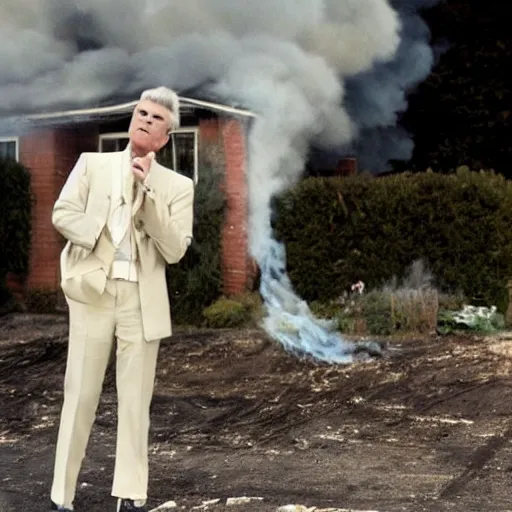 Prompt: David Byrne committing arson, burning down his house