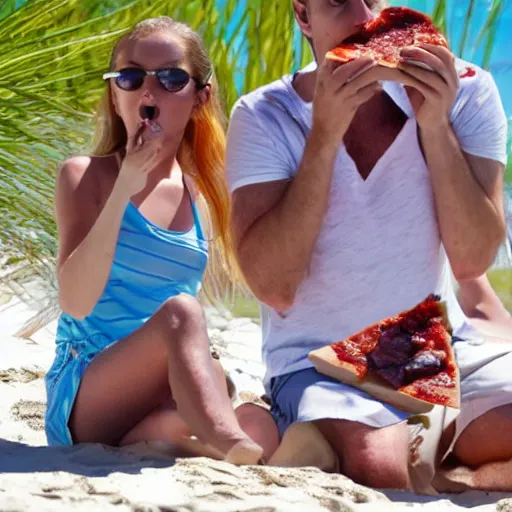 Prompt: Vampires enjoying a sunny day at the beach eating pizza