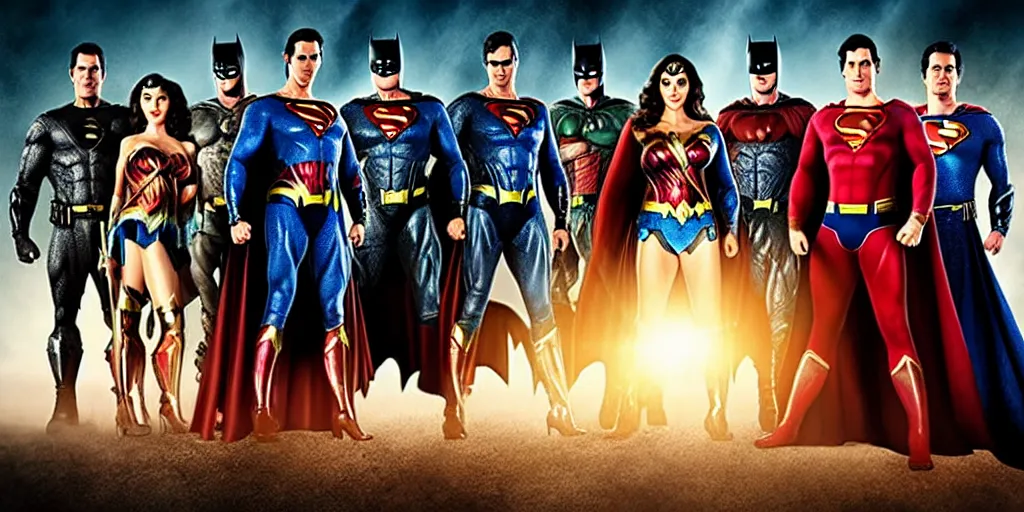 Prompt: DC Justice League with Lynda Carter as Wonder woman, Nicolas Cage as superman, Michael Keaton as Batman and Wesley Snipes as Flash