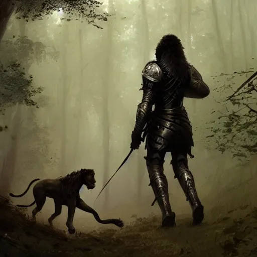 Prompt: a knight dressed in black armor walking his pet lion in a forest,dramatic,detailed face,digital art,art by greg rutkowski,Akihiko Yoshida,artstation,deviantart,photorealistic,highly detailed,calm,natural lighting,hyperdetailed