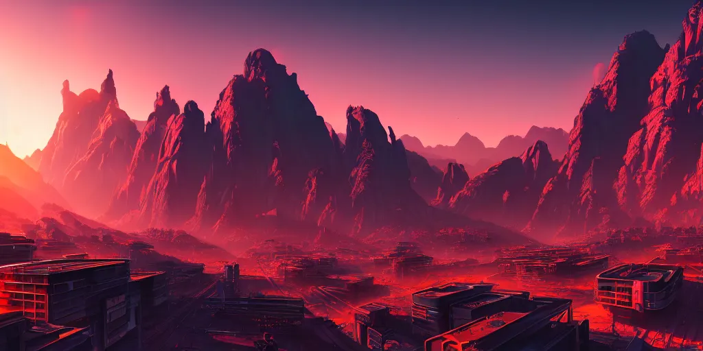 Image similar to beautiful sunset over detailed cyberpunk suburb in a valley surrounded by epic mountains with snowtops, sharp, highly detailed, hyperrealistic, kacper niepokolczycki, syd mead, 4 k, perfect geometry