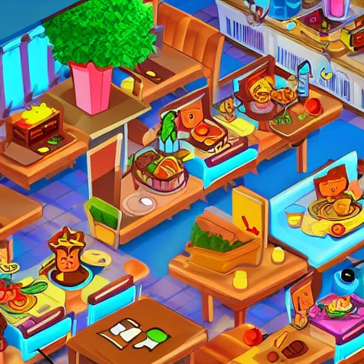 Prompt: an restaurant tycoon game, colorful, cartoon, cute, detailed,