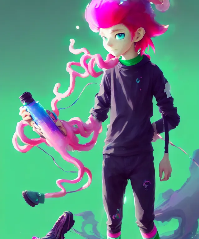 Image similar to a beautiful fullbody portrait of a cute splatoon anime boy with pink hair and green eyes wearing sports clothing leggings. character design by cory loftis, fenghua zhong, ryohei hase, ismail inceoglu and ruan jia. artstation, volumetric light, detailed, photorealistic, fantasy, rendered in octane