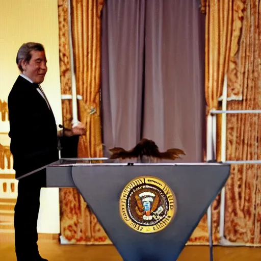 Image similar to puppeteer using marionette of a president in a podium