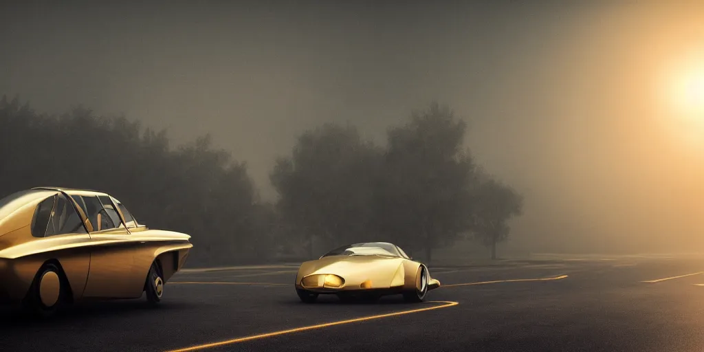 Image similar to parked retro futuristic vintage car, fog, rain, volumetric lighting, beautiful, golden hour, sharp focus, highly detailed, cgsociety