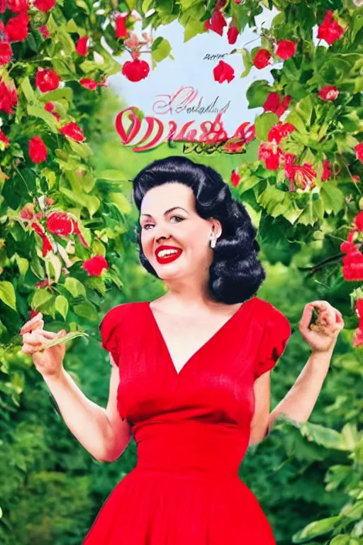 Image similar to a full view portrait of a beautifull woman, wearing a red dress,with a beautifull smile,a garden background.in american style pin up.anatomically correct