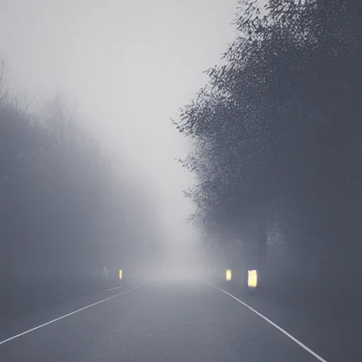 Prompt: Beautiful cameraphone 2000s, soft liminal Photograph of foggy road, hedge night, streetlight.