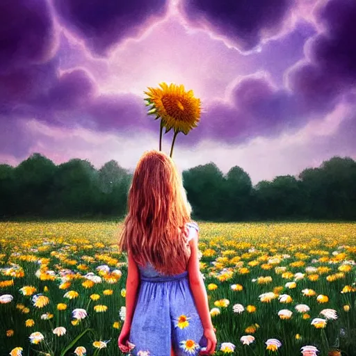 Image similar to head made of giant daisies, girl standing barefoot in a flower field, arms behind back, surreal photography, sunrise dramatic light, impressionist painting, colorful clouds, large sky, digital painting, artstation, simon stalenhag, flower face