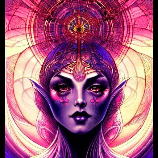 Prompt: a symmetrical portrait of a mystical feminine creature with glowing energies and particals, metal scales, surrounded by spirits, gloomy cinematic lighting, highly detailed, illustrated novel, by artgerm and druillet