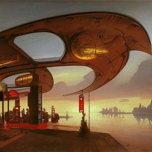 Prompt: painting of syd mead artlilery scifi organic shaped gas station with ornate metal work lands on a body of water, fossil ornaments, volumetric lights, red sun, andreas achenbach