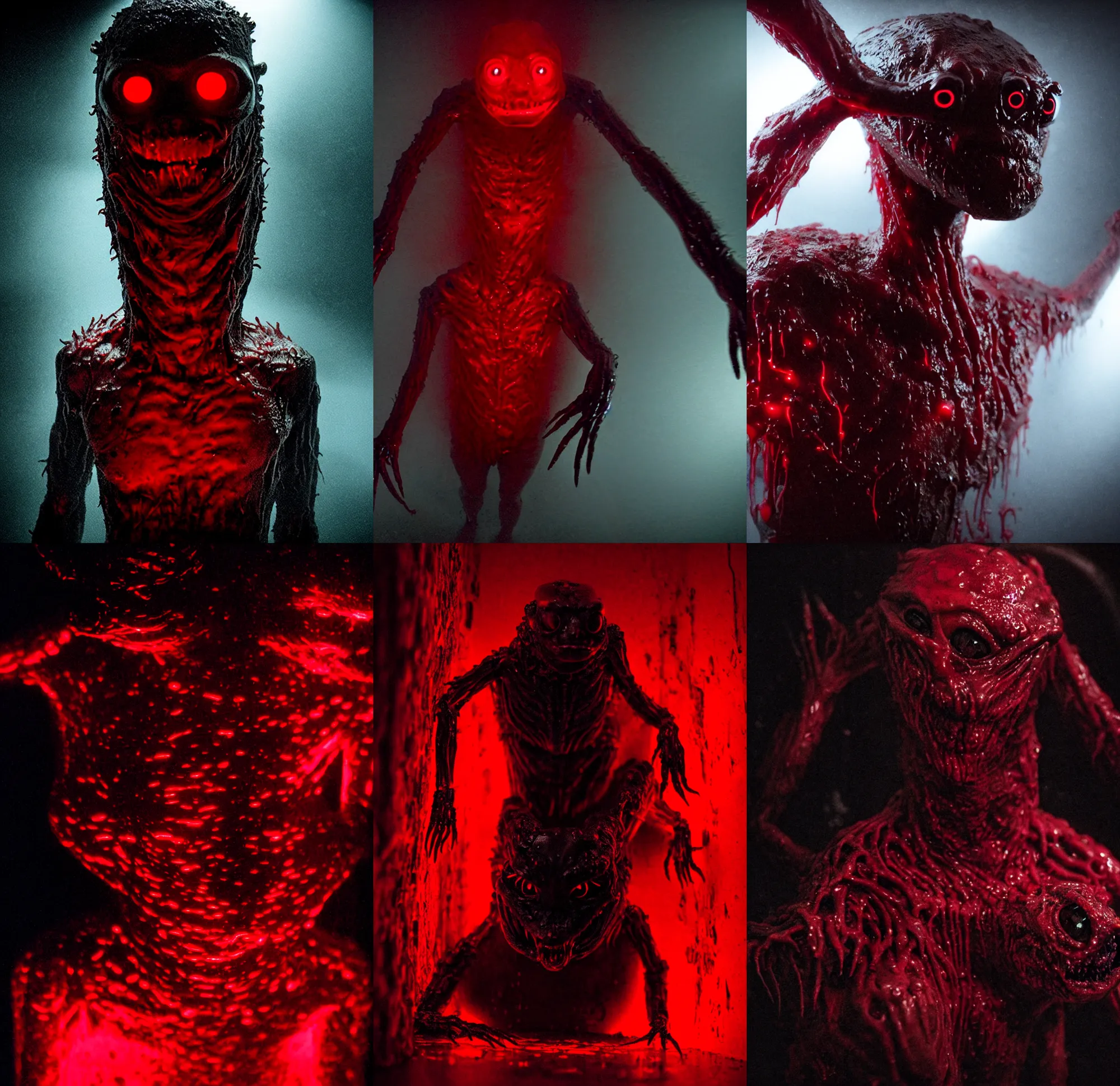 Prompt: a full body wet skin creature with red glowing eyes. under stage light, crawling humanoid monsters, smile face, labcoats, sci - fi equipment, saliva, membrane pregnancy sac, respiratory flap, super realism, claws, octane rendering, cinematic light. medium shot, 2 4 mm, david fincher, james wan, gritty, moody, eerie, dark arts