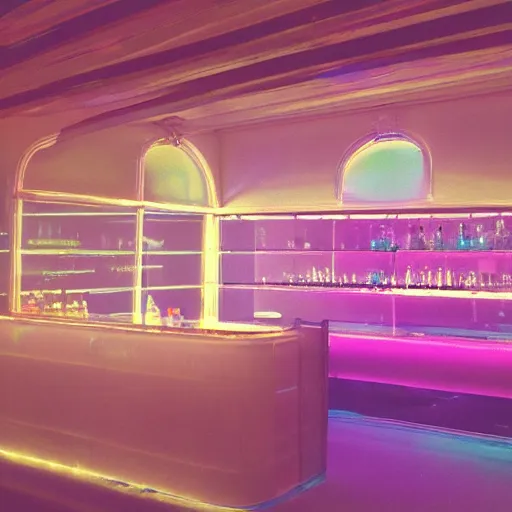 Prompt: a pastel coloured Polaroid photo of a cocktail bar made of transparent iridescent perspex stood in a field, beams of light, nostalgic