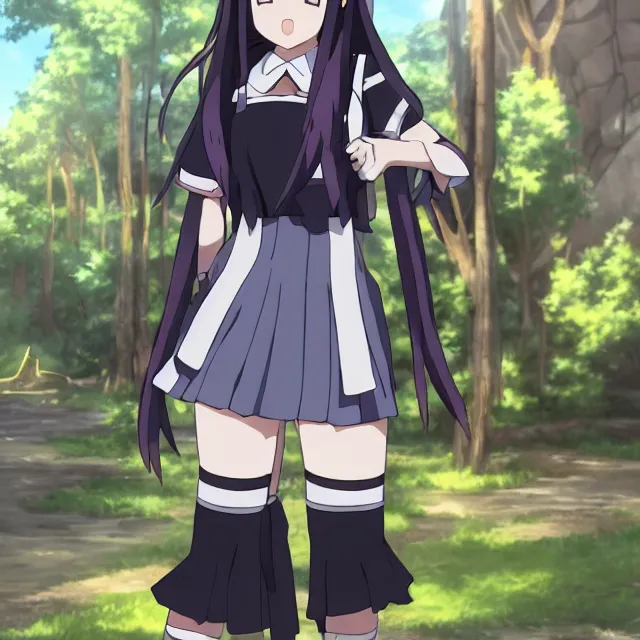 Prompt: high quality anime-style image of Hestia from Is It Wrong to Try to Pick Up Girls in a Dungeon wearing a plaid schoolgirl skirt and pigtails hair, standing outside a forbidden stone temple, 4k, digital art, wallpaper