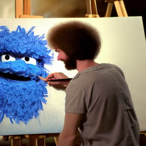 Image similar to a closeup photorealistic photograph of bob ross working on a canvas painting of cookie monster. film still. brightly lit scene. mountains and trees. this 4 k hd image is trending on artstation, featured on behance, well - rendered, extra crisp, features intricate detail, epic composition and the style of unreal engine.