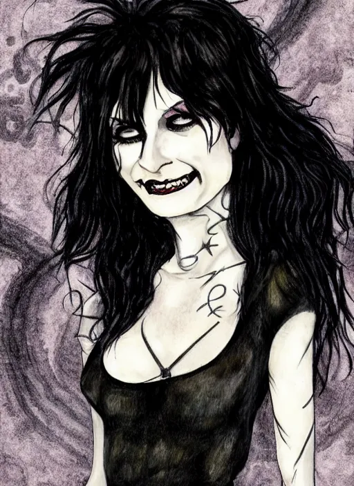 Image similar to death of sandman by neil gaiman, cute gothette, black crop top,, smiling, happy, photorealistic, photorealistic dramatic hyperrealistic