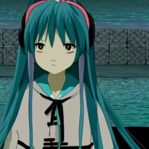 Image similar to a screenshot of hatsune miku in the film spirited away ( 2 0 0 1 )