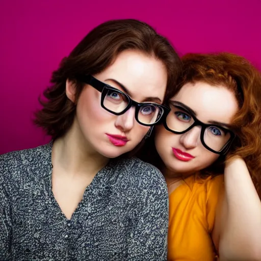 Prompt: studio portrait photo of beautiful women wearing large, big, nerdy glasses, 4k