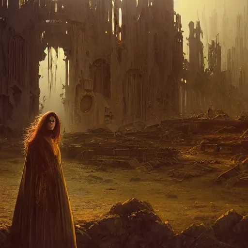 Image similar to a portrait of a young woman wearing a long dark cloak, performing on an various esoteric looking electronic music devices and an enormous modular synthesizer rig amidst the ruins of deserted and decaying city, oil painting, matte painting, Volumetric Golden dappled dynamic lighting, Highly Detailed, Cinematic Lighting, Unreal Engine, 8k, HD, by Beksinski