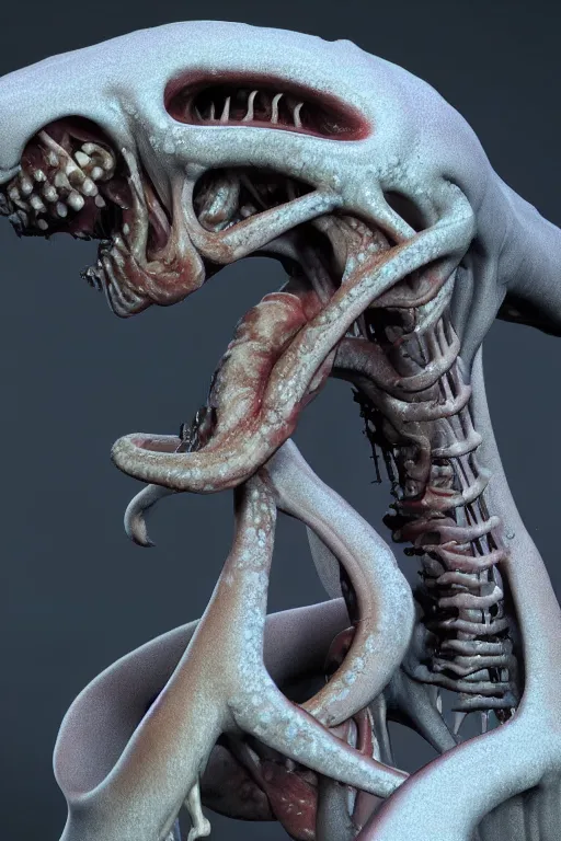 Image similar to a squid monster eating a person, john carpenter, eighties practical horror special effects, cosmic horror, protruding bones, trending on zbrush central, neoplasticism, lovecraftian, zbrush, biomorphic, nightcafe